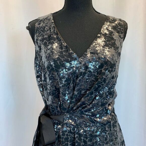 Elie Tahari Brown black sequin leopard print sleeveless cocktail dress Sz 10 - Picture 3 of 13